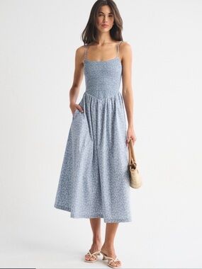 A&F Sydney Smocked Dipped-Waist Midi Dress XS